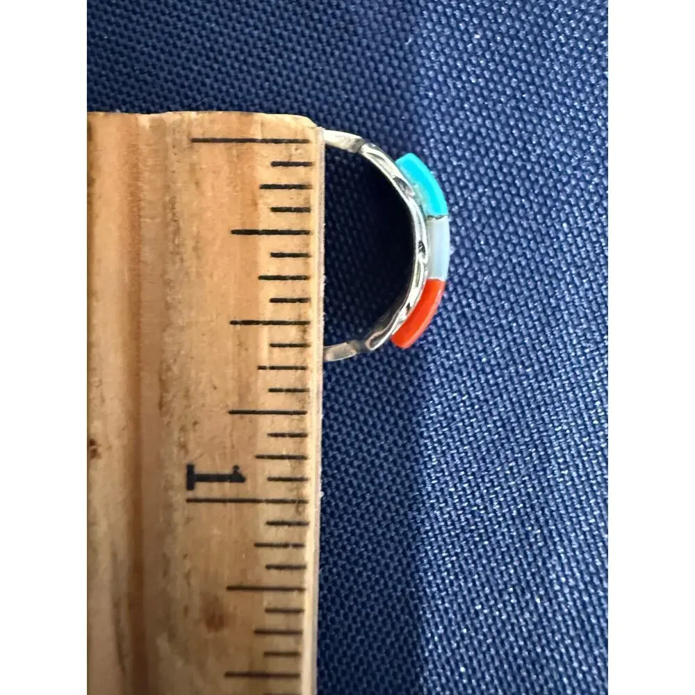 Vintage Zuni Signed Gus & Lorie Panteah Sterling Silver Inlay Ring Size 5.25
